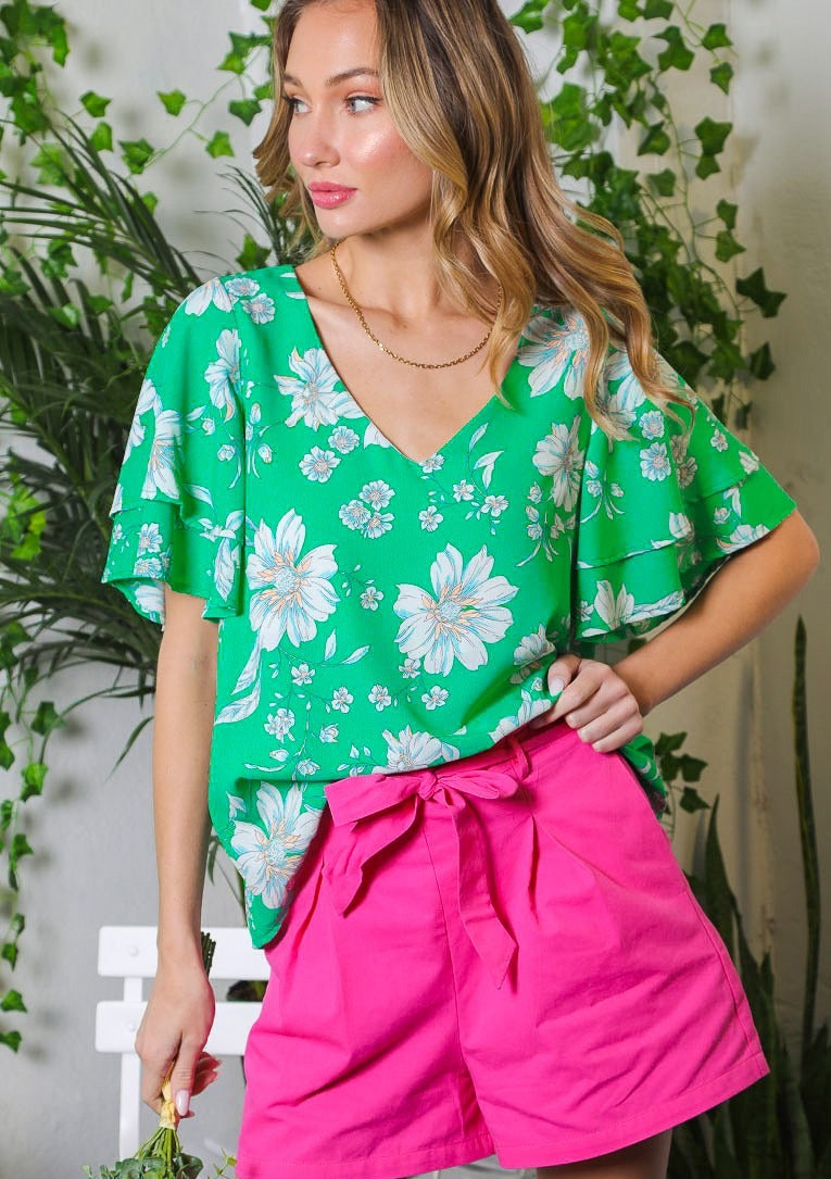 Flutter Sleeves Floral V-Neck