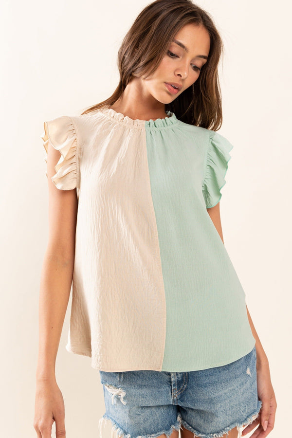 Colorblock Frill Top - Sage