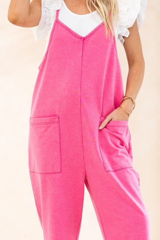 Solid Washed Knit Jumpsuit - Fuschia