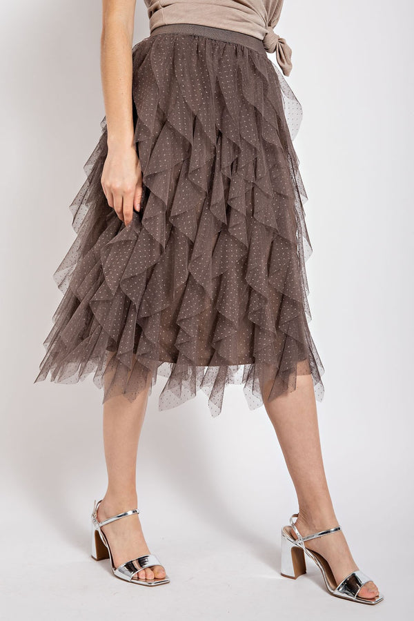 Embellished Tulle Midi Skirt - Ash Brown