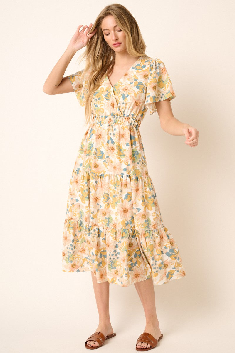 Flower Print Surplice Midi Dress