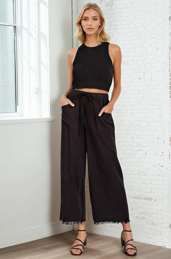 Frayed Hem Wide Leg Pants - Black