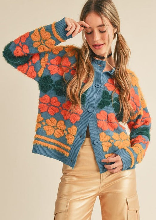 Shaggy Knit Floral Sweater Cardigan