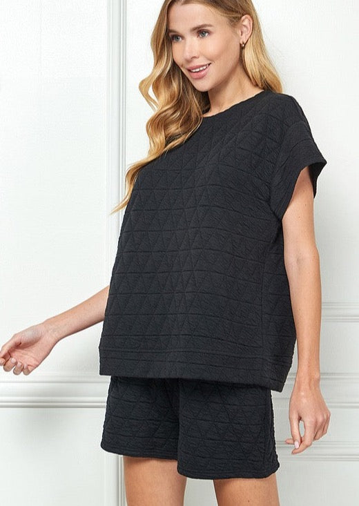 Quilted Short Sleeve Top - Black