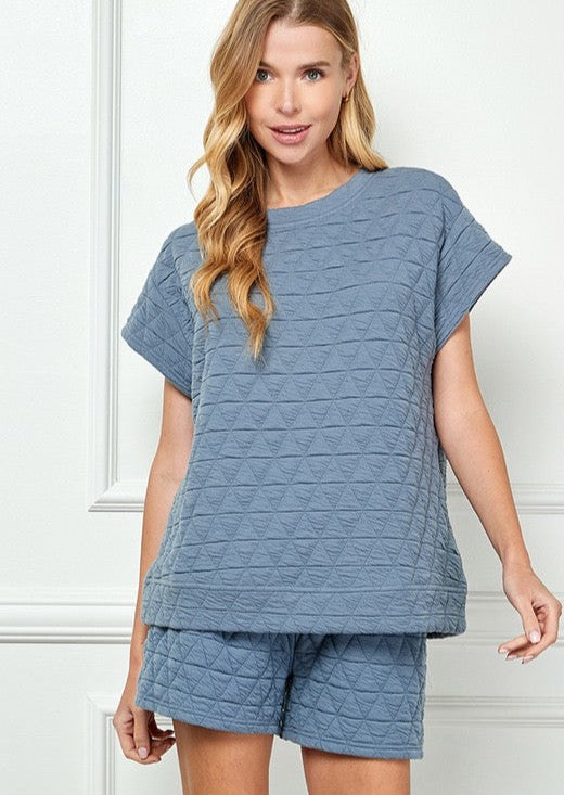 Quilted Short Sleeve Top - Blue