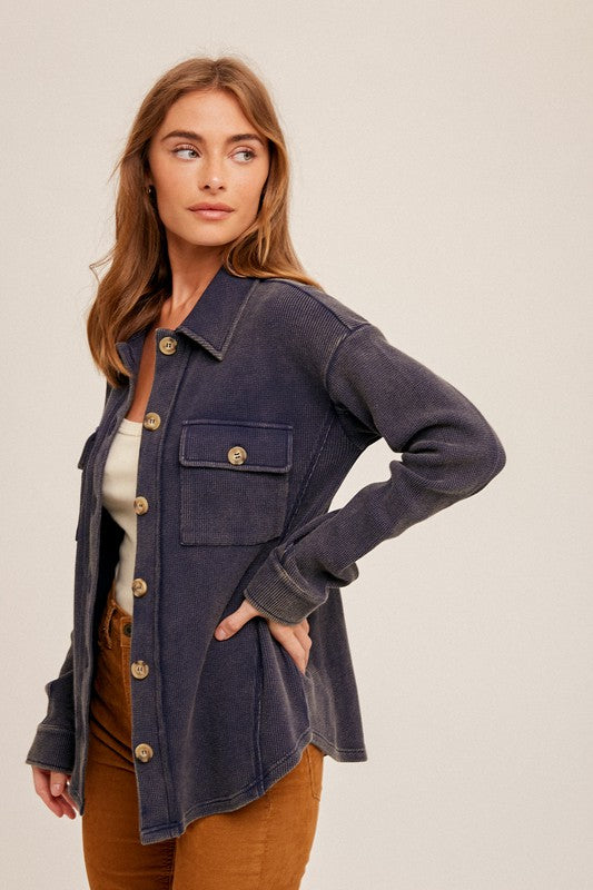 Snow Wash Thermal Shacket-Navy