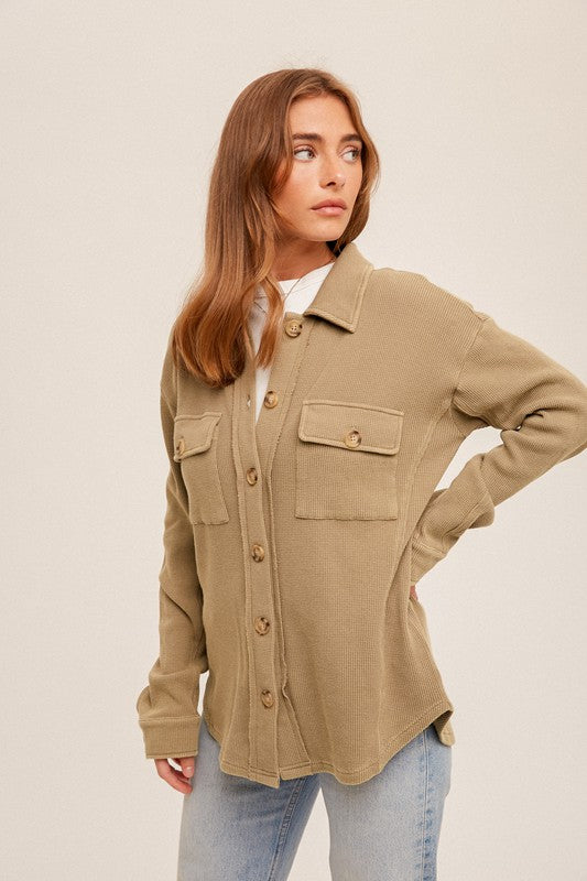Snow Wash Thermal Shacket-Olive