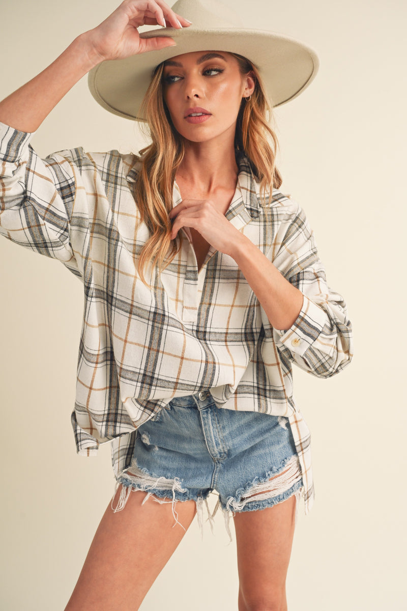 V-Neck Loose Plaid Top