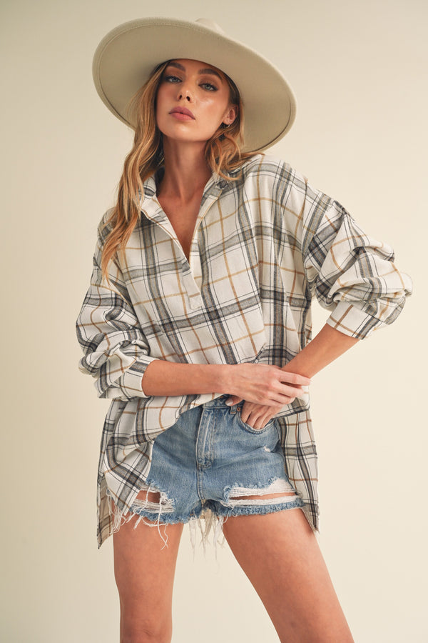 V-Neck Loose Plaid Top