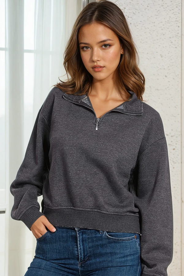 Acid Wash Half-Zip Pullover - Black