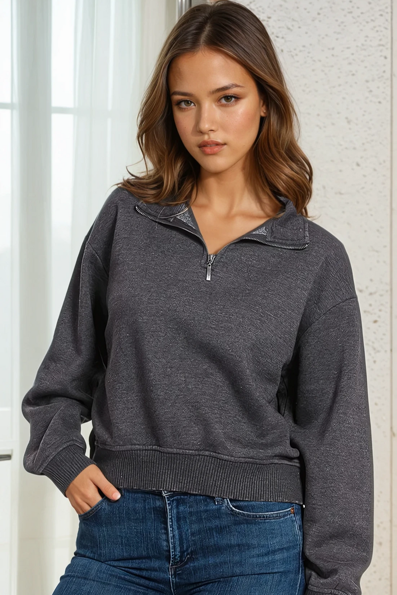 Acid Wash Half-Zip Pullover - Black