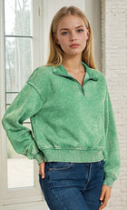 Acid Wash Half-Zip Pullover - Forest
