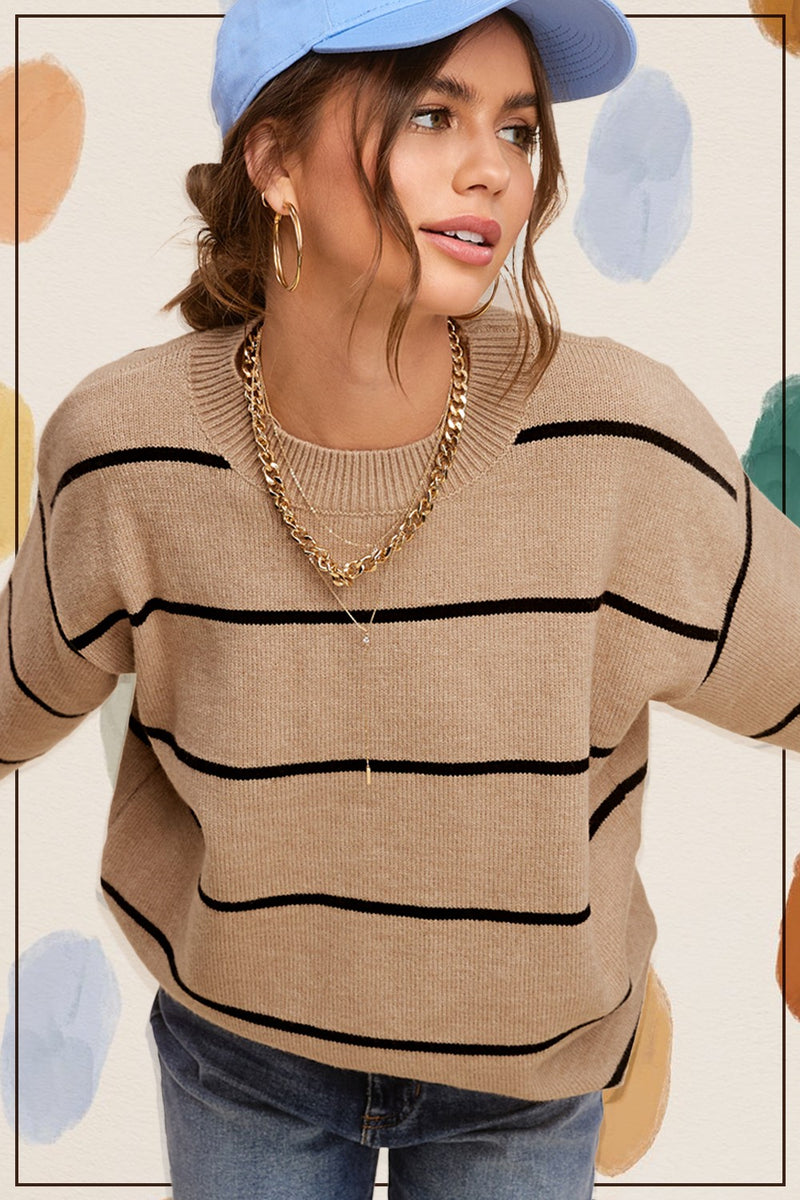 Loose Fit Striped Sweater - Tan