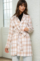 Plaid Print Open Front Coat - White/Camel