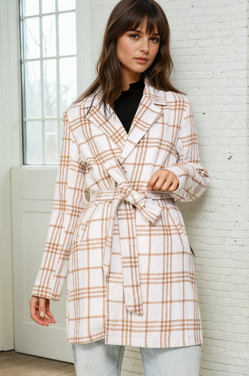 Plaid Print Open Front Coat - White/Camel