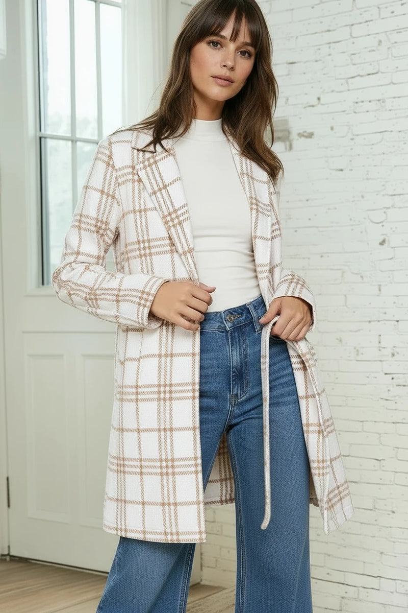 Plaid Print Open Front Coat - White/Camel