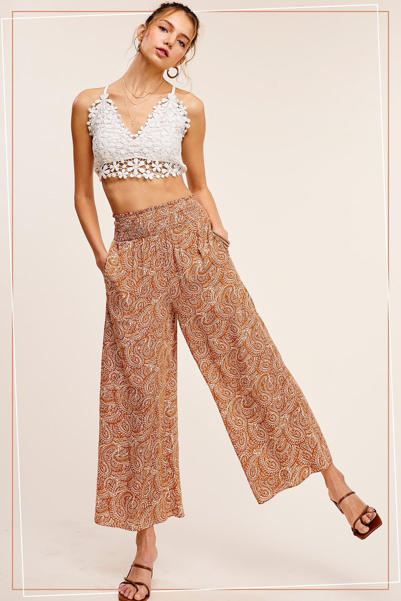 Smocked Waist Paisley Print Pants