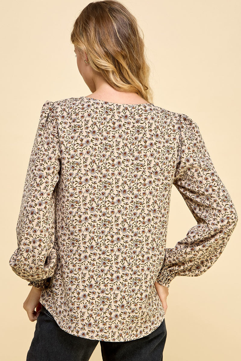 Floral Print Smocked Sleeve Blouse - Natural