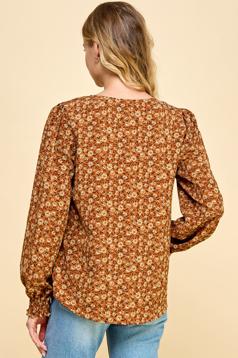 Floral Print Smocked Sleeve Blouse - Rust