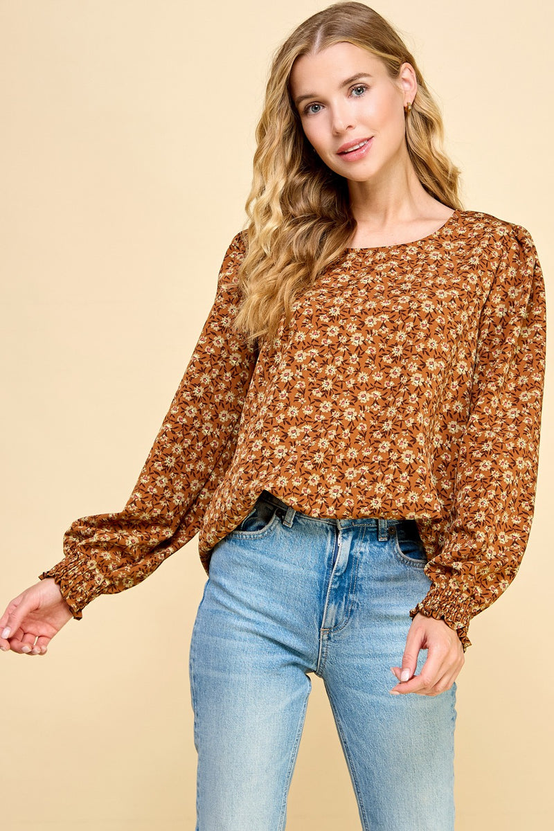 Floral Print Smocked Sleeve Blouse - Rust