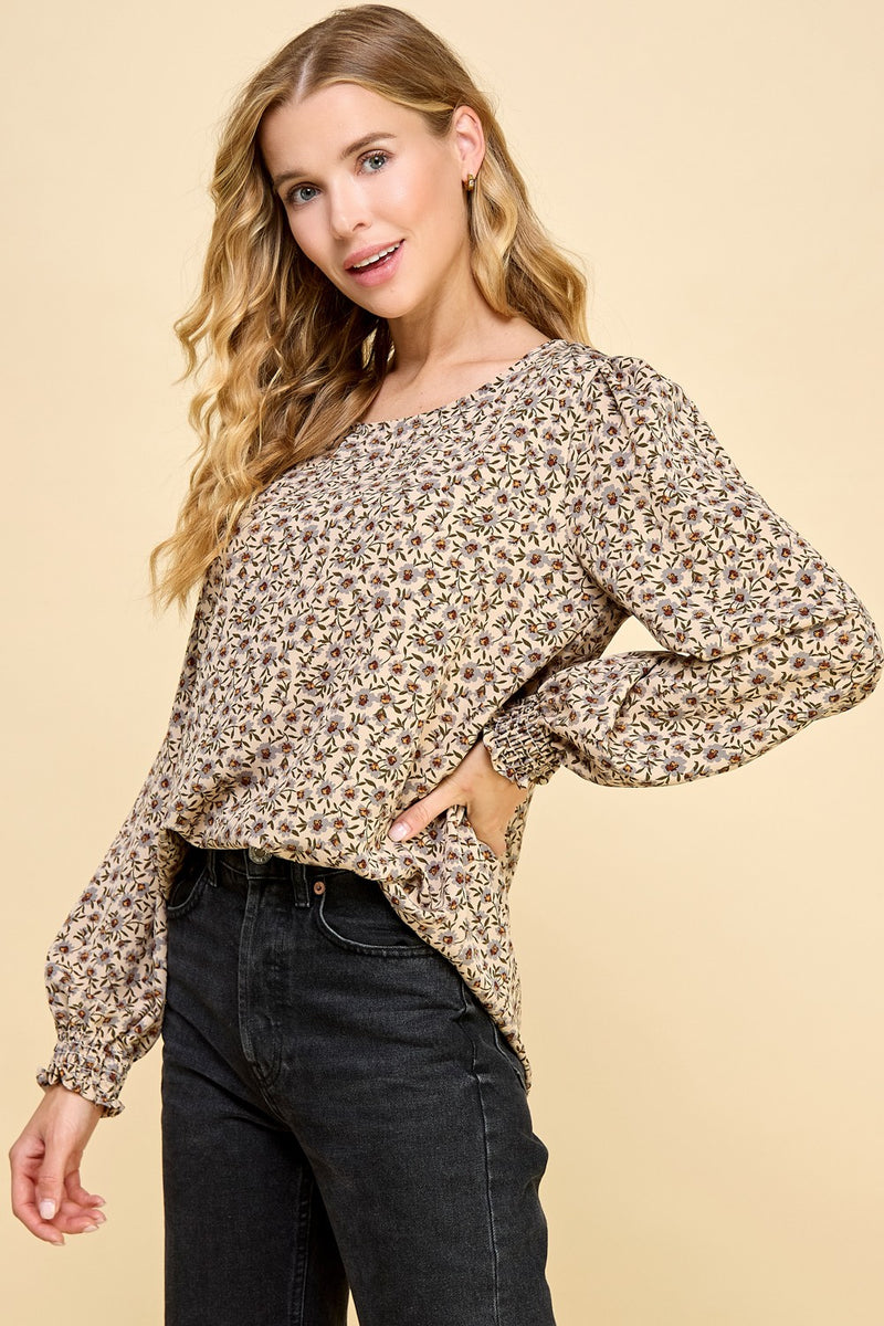 Floral Print Smocked Sleeve Blouse - Natural