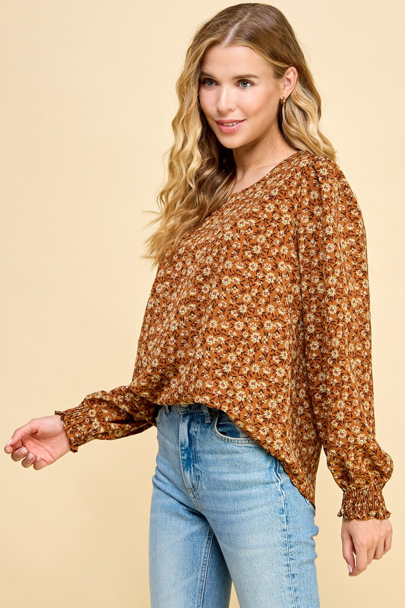 Floral Print Smocked Sleeve Blouse - Rust