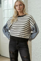 Denim Sleeve Striped Sweater