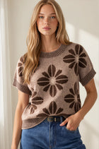 Bold Floral Print Short Sleeve Sweater