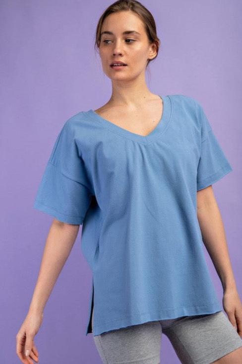 Oversized V-neck Tee-Chambray