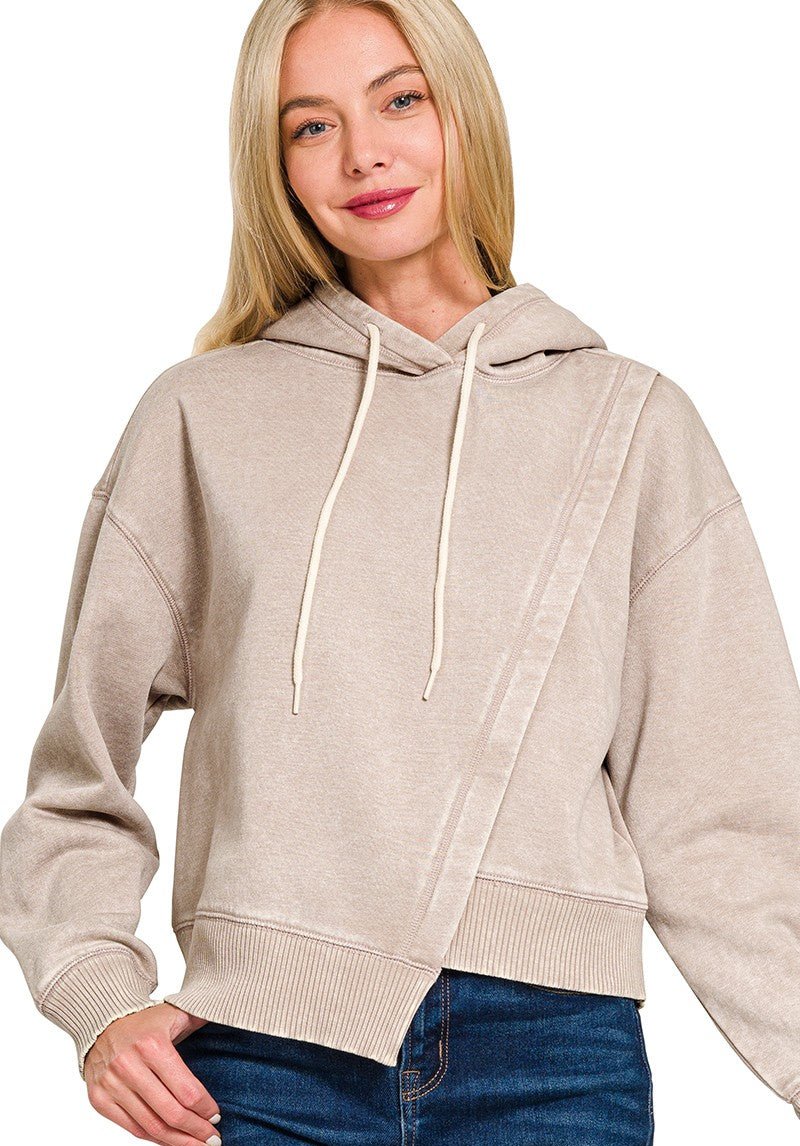 Acid Wash Asymmetrical Hoodie - Ash Mocha