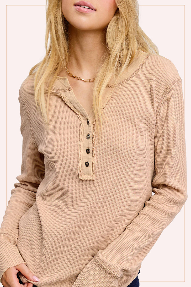 Waffle Knit Henley Top - Taupe