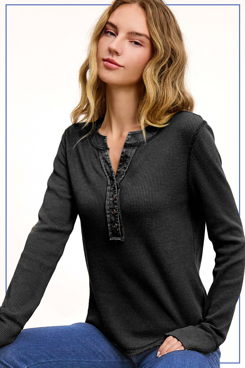 Waffle Knit Henley Top - Charcoal Black