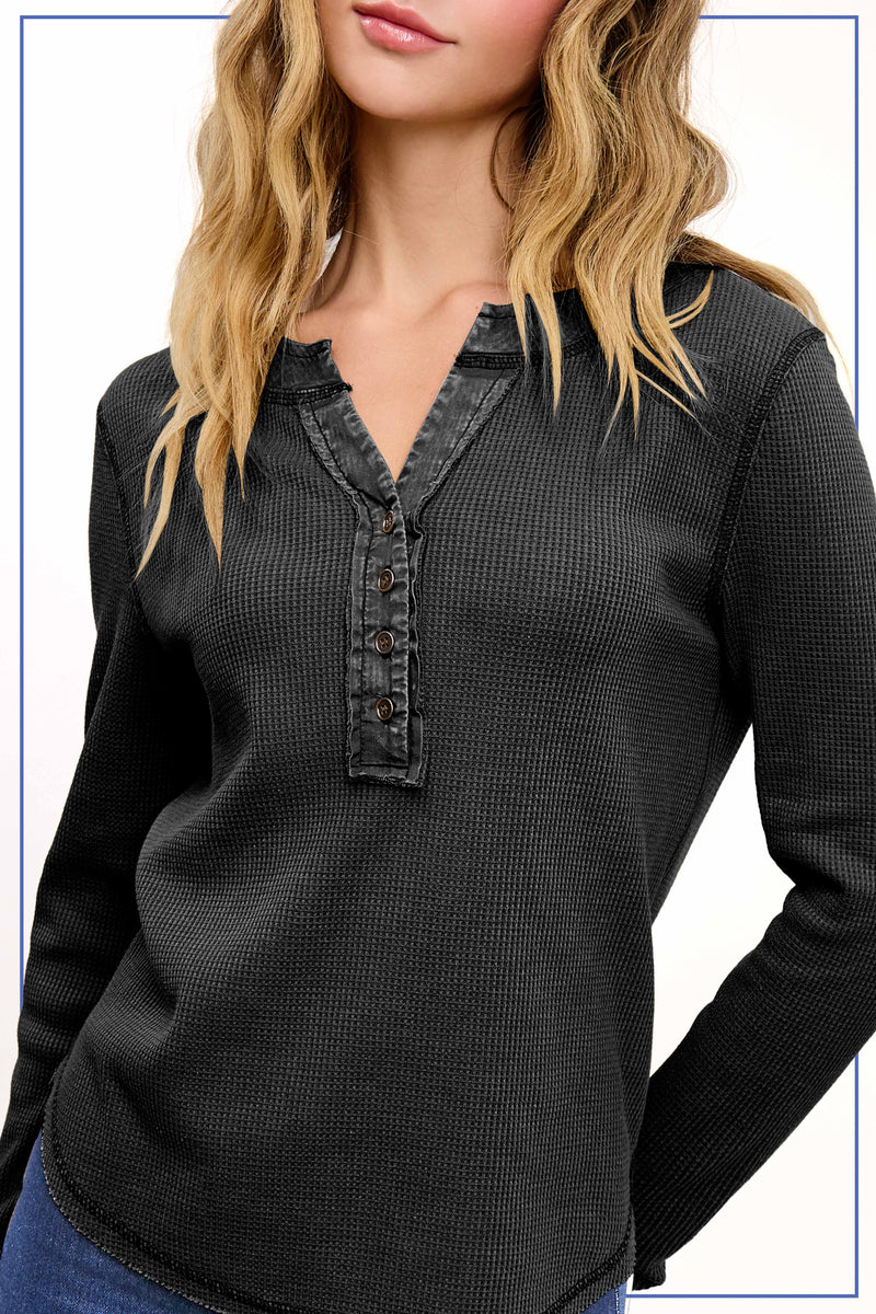 Waffle Knit Henley Top - Charcoal Black