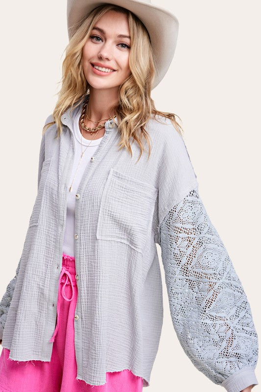 Crochet Detail Button Down - Cloud