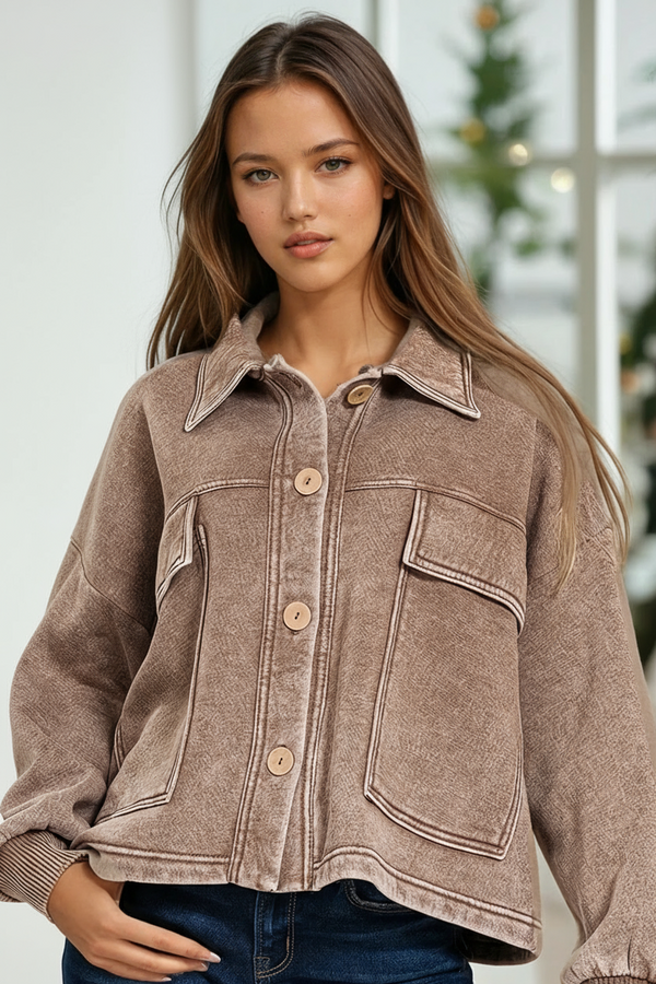 Acid Wash Cropped Shacket - Mocha