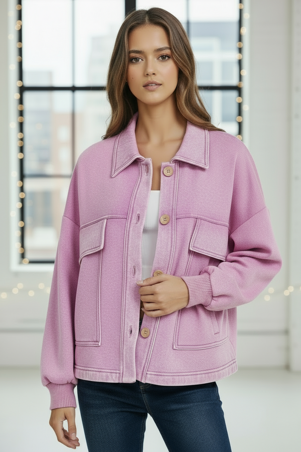 Acid Wash Cropped Shacket - Mauve