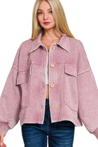 Acid Wash Cropped Shacket - Light Rose