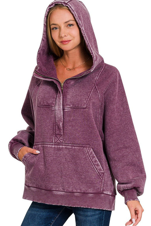 Oversized Quarter Zip Hoodie - Eggplant