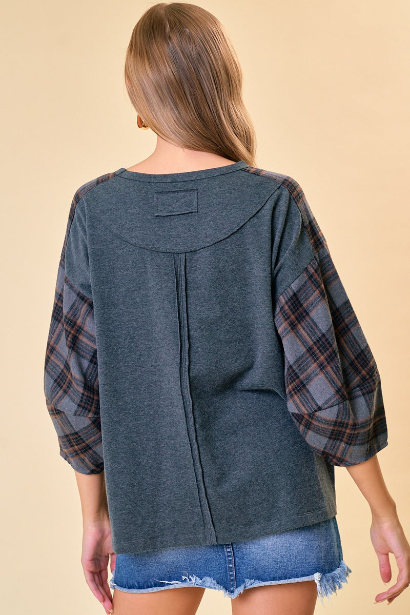 Plaid Balloon Sleeve Top