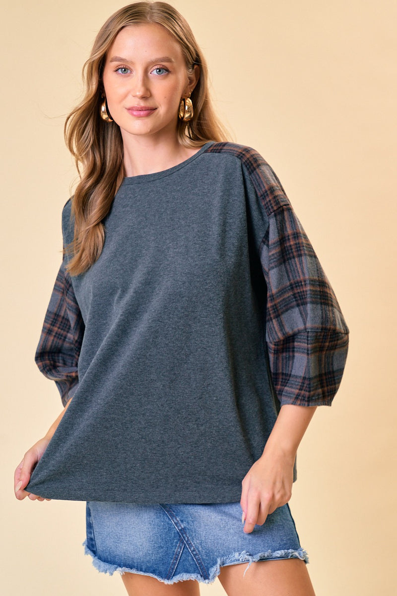 Plaid Balloon Sleeve Top