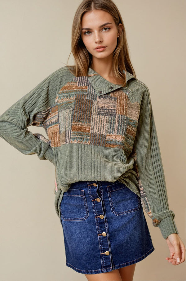 Printed Sherpa Contrast Raglan Top