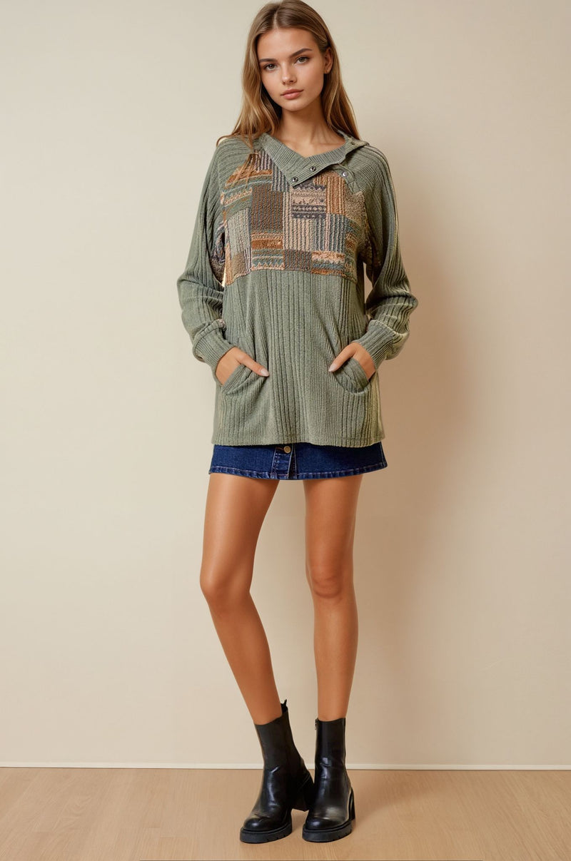 Printed Sherpa Contrast Raglan Top