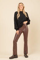 Bell Bottom Faux Leather Pants - Brown