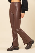 Bell Bottom Faux Leather Pants - Brown