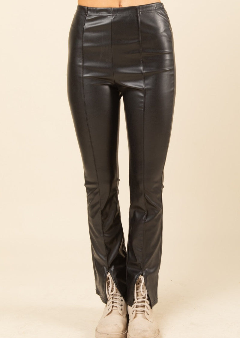 Bell Bottom Faux Leather Pants - Black