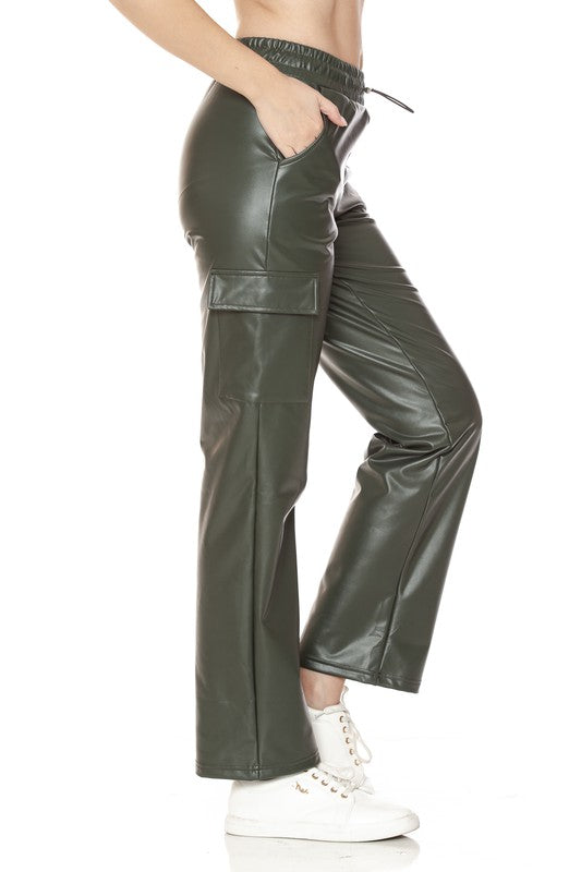 Fleece Lined Leather Cargo Pants - Olive