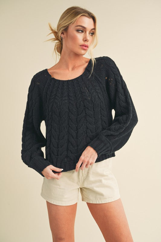 Cable Knit Cropped Sweater - Black