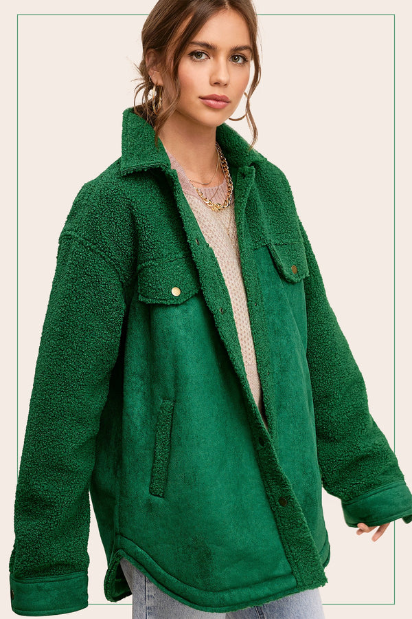 Faux Suede Button Down Jacket - Green