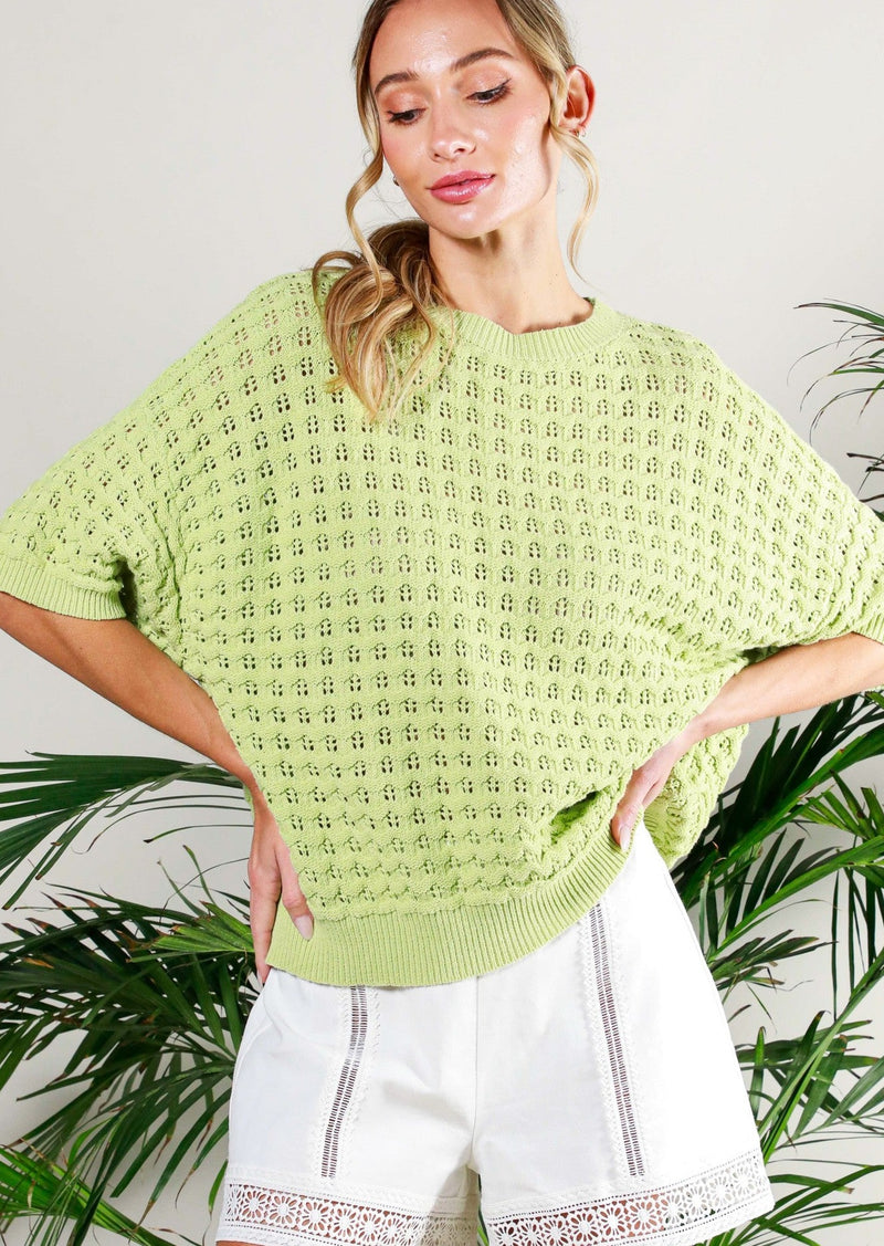 Solid Knit Short Sleeve Sweater - Sage