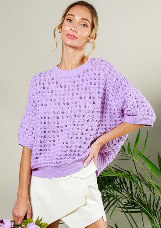Solid Knit Short Sleeve Sweater - Lavender